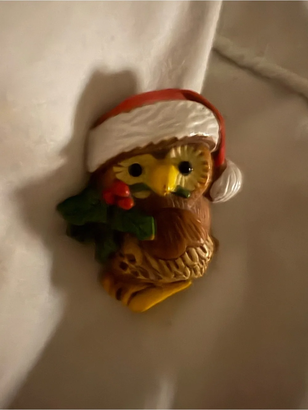 Hallmark Brown Owl Brooch with Red Santa Hat and Green Holly
